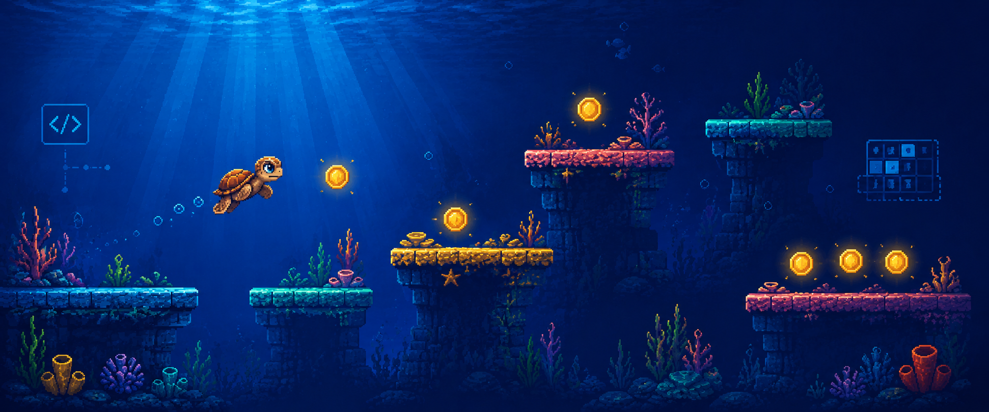 Pixel art: kaplumbağa su altında platformlar arasında coinler toplayarak keşfediyor