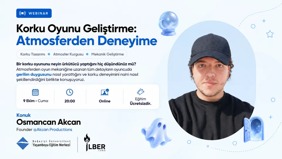 Osmancan Akcan webinar afişi: Korku oyunu geliştirme: Atmosferden deneyime