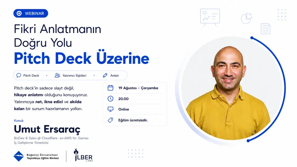 Umut Ersaraç webinar afişi: Fikri anlatmanın doğru yolu: Pitch deck üzerine